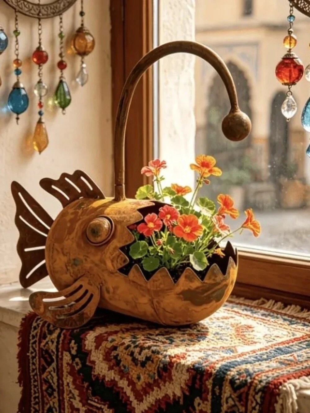 Rustic Metal Lantern Fish Planter Decorative Vase